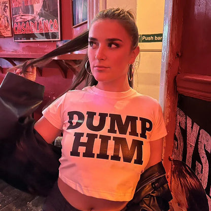 Vintage 2000s Harajuku slim crop top for women with dump him letter print, emo gothic short sleeve T-shirt, trendy Y2K baby tee