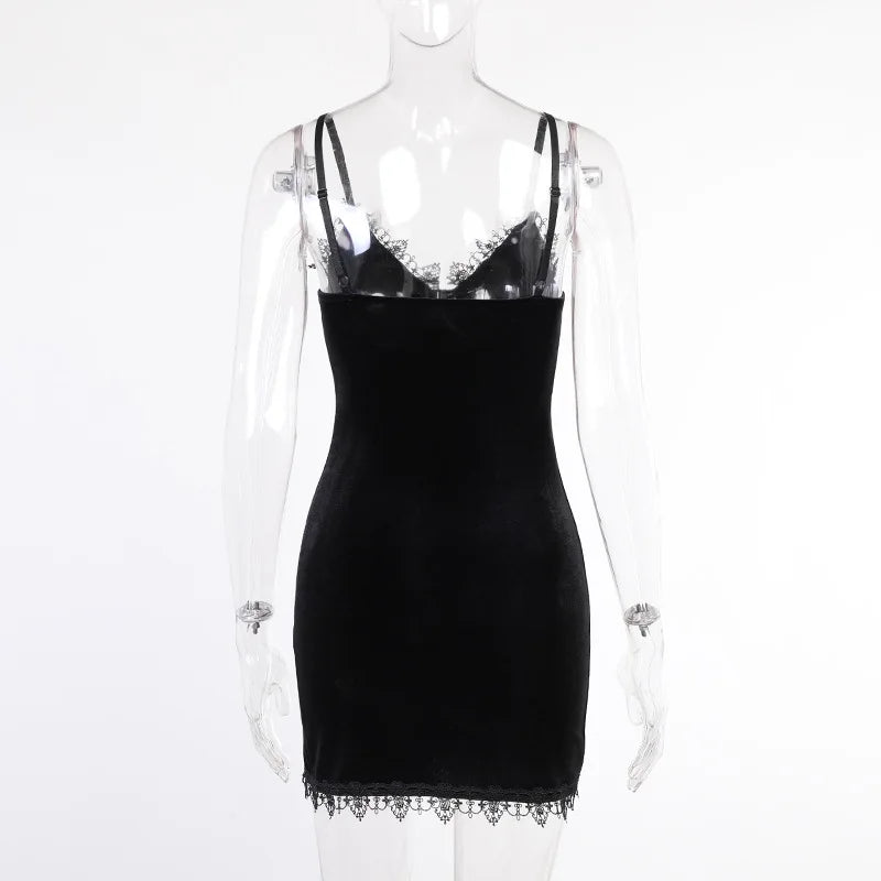 Black Gothic mini dress with high waist slit and spaghetti straps, featuring a dark cross design for a sexy night out.