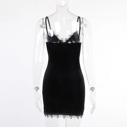 Black Gothic mini dress with high waist slit and spaghetti straps, featuring a dark cross design for a sexy night out.