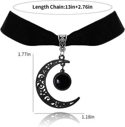 Gothic Black Velvet Moon Crystal Choker Necklace for Women,Black Choker Moon Necklace Vintage Punk Crescent Necklaces Goth Jewelry Witch Costume Accessories