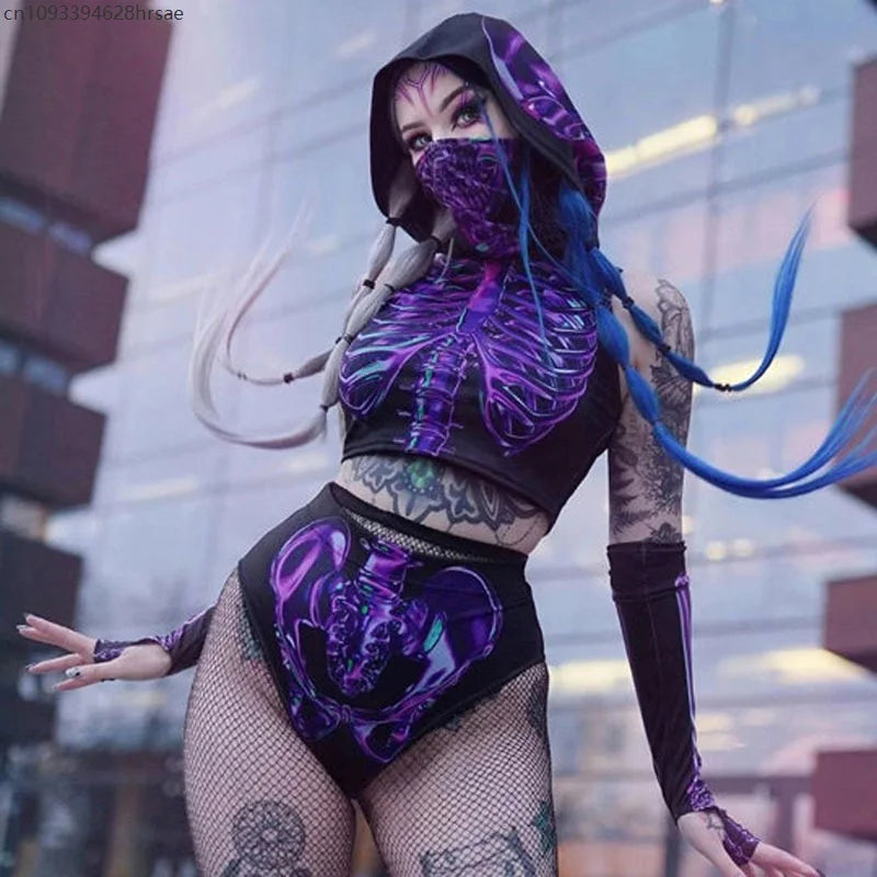 Psychedelic Cyberpunk Skull Rave Costume Set for Halloween & Dance Parties