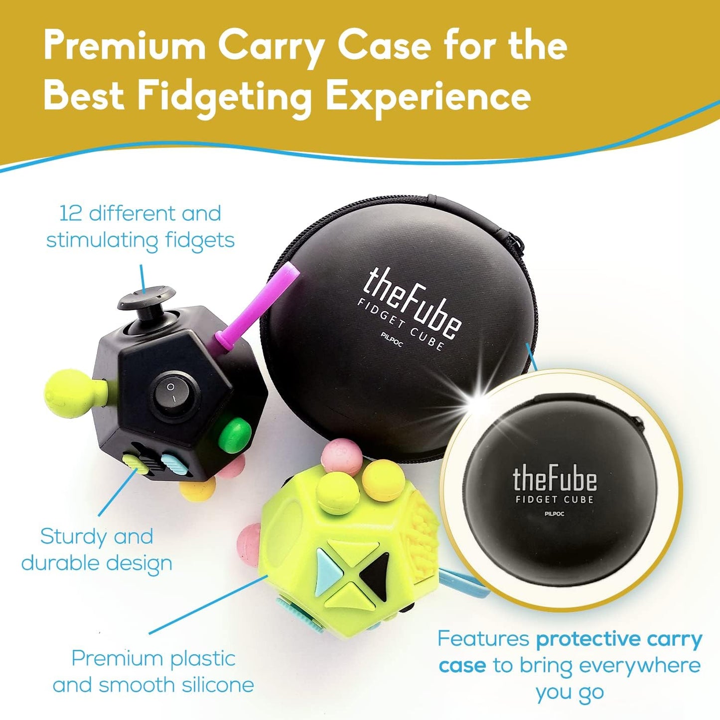 Thefube 12-Sided Fidget Cube - Portable Stress Relief Toy for Kids & Adults - Enhance Focus & Manage Anxiety - Includes Carry Case - Ideal for ADHD & ADD