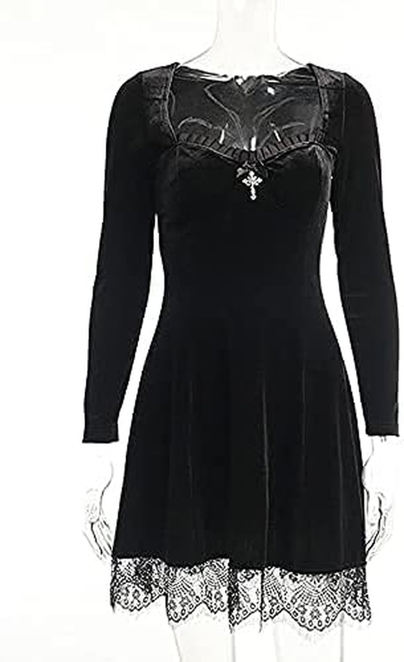 Gothic lace mini dress by PressureDen.store featuring sleeveless spaghetti straps, velvet A-line design, perfect for Halloween and summer.