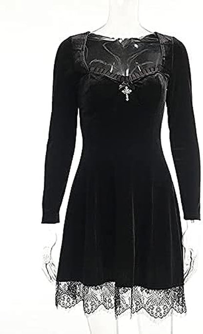 Gothic lace mini dress by PressureDen.store featuring sleeveless spaghetti straps, velvet A-line design, perfect for Halloween and summer.