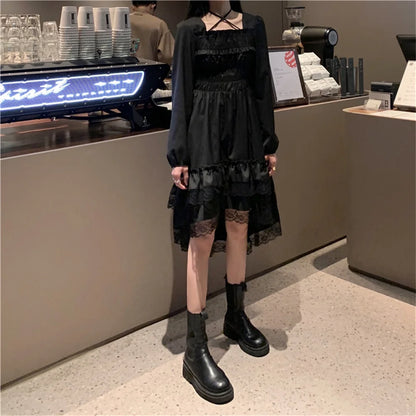 Y2K Harajuku Gothic dress by PressureDen.store featuring ruffles, mini length, and a kawaii fairycore style.