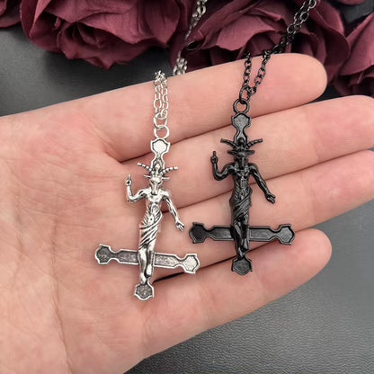 Edgy Baphomet pendant necklace with inverted cross, black metal Satanic jewelry for bold style, featuring detailed design.