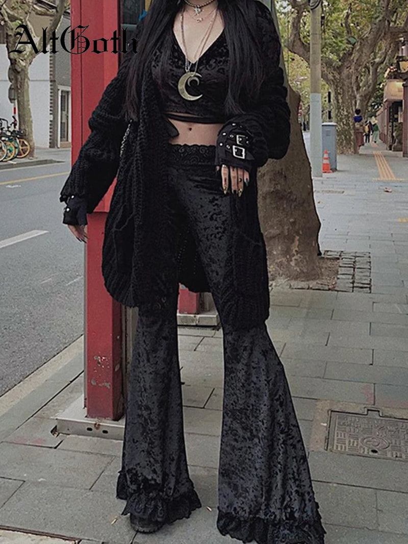 Dark black velvet Gothic flare pants with lace patchwork and hollow-out details, featuring edgy Harajuku punk style from PressureDen.store.