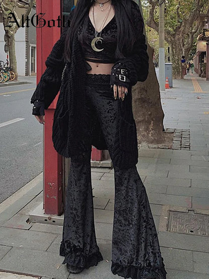 Dark black velvet Gothic flare pants with lace patchwork and hollow-out details, featuring edgy Harajuku punk style from PressureDen.store.