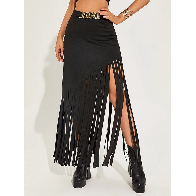 Black maxi skirt with tassel details and ring belt, stylish gothic and punk fashion by PressureDen.store, worn with layered tops
