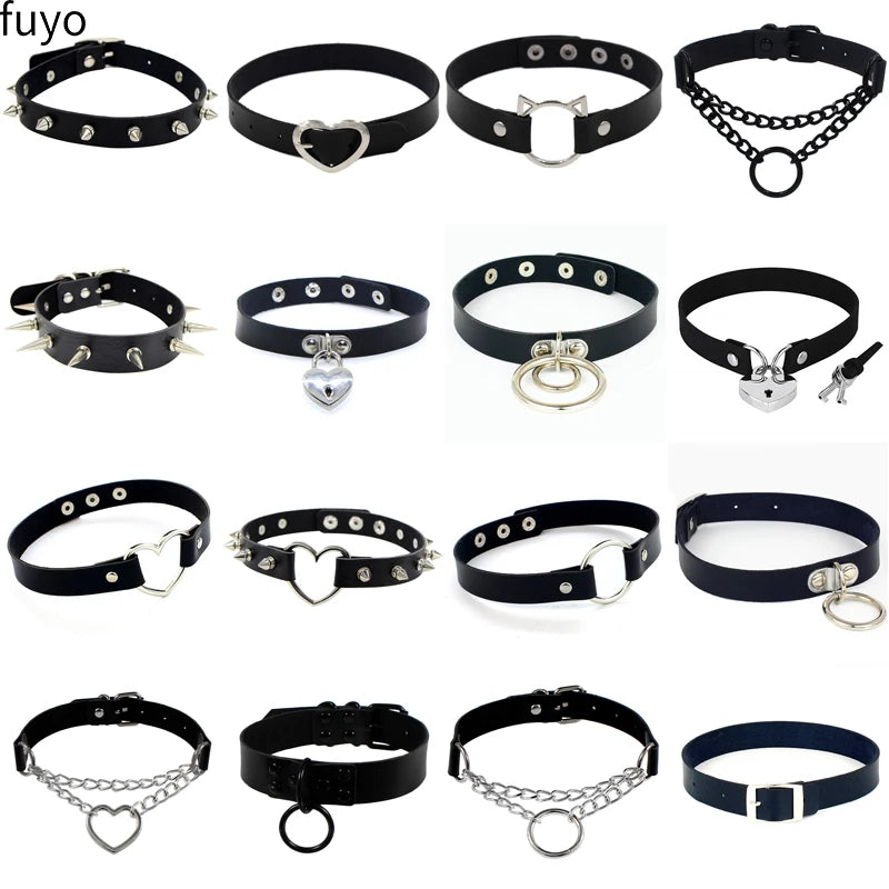 Sexy Goth Choker Necklace Men Punk Rock Heart Geometry PU Necklace for Women Choker Gothic Bondage Goth Jewelry Chocker Neck