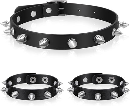 3 Pcs Spiked Choker, Leather Goth Studded Choker, Black Punk Bracelet, Vintage Spiked Collar Necklace Rock Punk Jewelry Gothic Accessories
