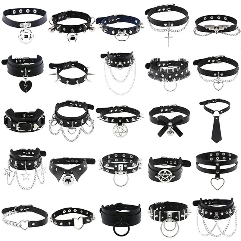 Black PU leather choker with heart rivets, Y2K goth punk necklace by PressureDen.store, featuring trendy edgy jewelry design