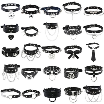 Harajuku goth punk choker necklace with heart rivets and chunky PU leather, featuring a trendy Y2K style for fashionable girls.