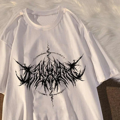 Vintage 90s hip hop kawaii T-shirt for women, featuring lightning letter print in Y2K goth punk casual style.