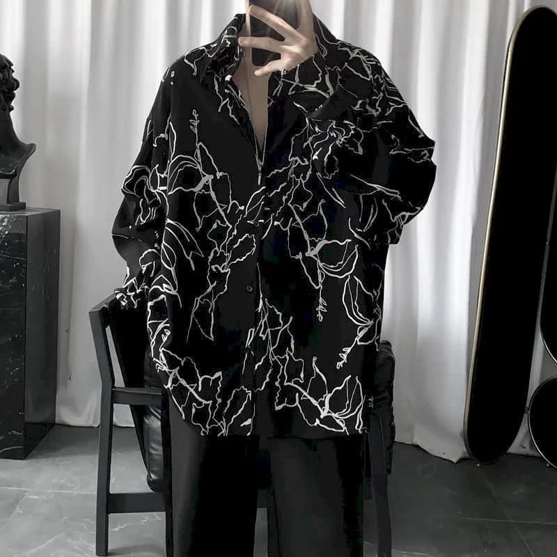 Long sleeve goth shirt for men and women with lightning design, Korean Harajuku retro hip-hop style, stylish spring and autumn top.