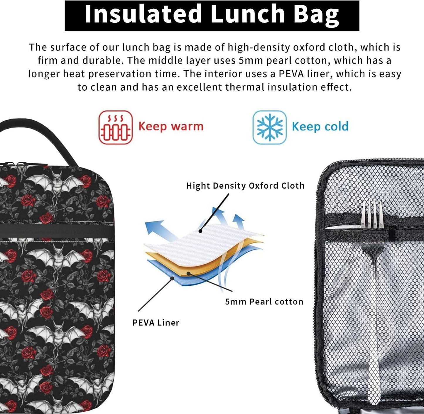 Goth Lunch Box for Women Kids Girls Men Insulated Lunch Bag Lunchbox Adults Lunch Tote Bags Reusable Cooler for Work Office School Picnic Travel