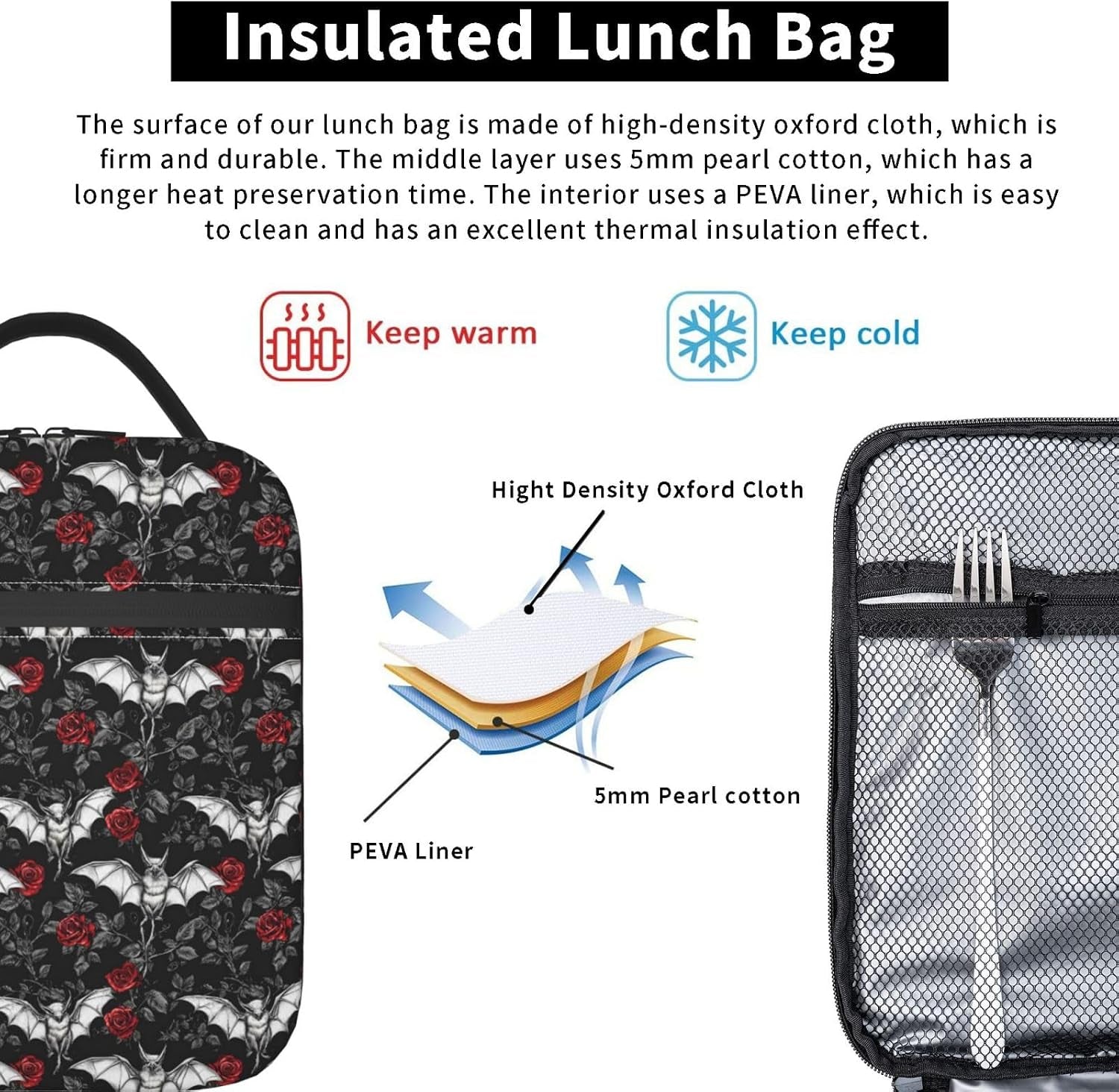 Goth Lunch Box for Women Kids Girls Men Insulated Lunch Bag Lunchbox Adults Lunch Tote Bags Reusable Cooler for Work Office School Picnic Travel