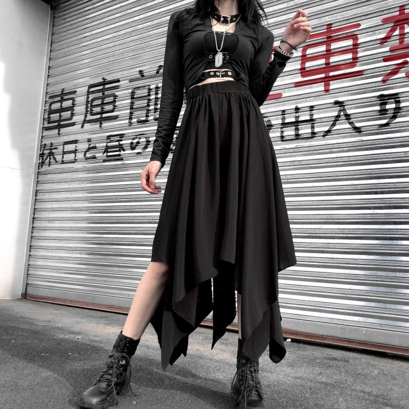Dark black high waist vintage skirt with edgy irregular hem, goth punk style, perfect for Harajuku fashion looks.