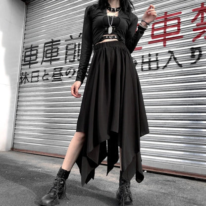 Dark black high waist vintage skirt with edgy irregular hem, goth punk style, perfect for Harajuku fashion looks.