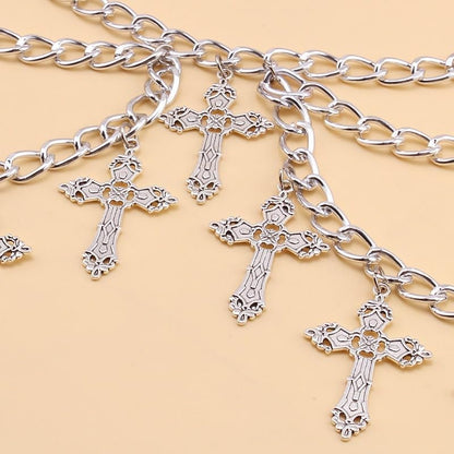 ANGLEQUEEN gothic cross waist chain for women, trendy punk hip hop belly chain with edgy grunge style and Halloween accessory vibe.