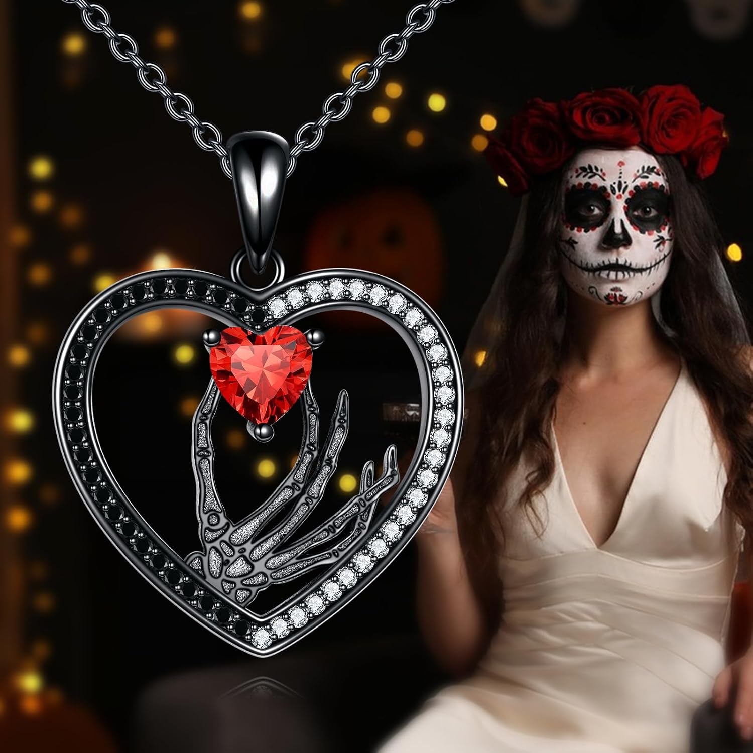 Skeleton Hand Necklace S925 Silver Skull Heart Pendant Gothic Jewelry Halloween Gifts for Women