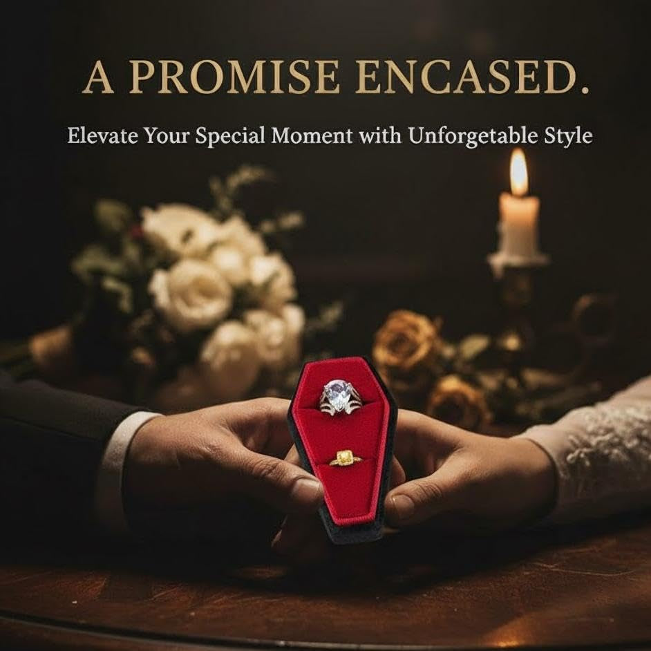 Elegant Gothic coffin-shaped velvet jewelry ring box by CVchancin, perfect for engagement proposals and wedding jewelry storage.