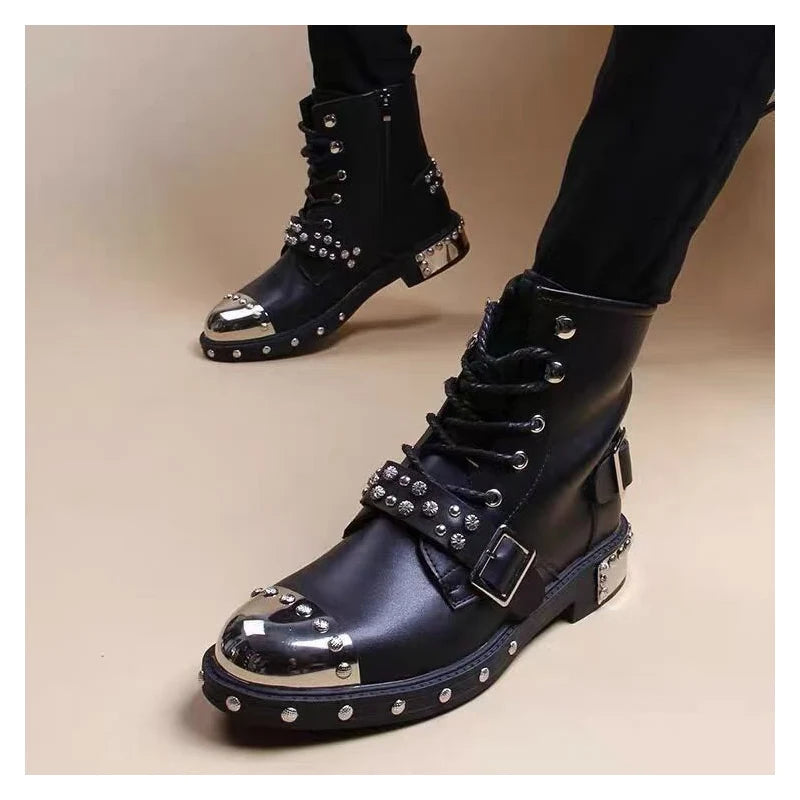 Men's luxury punk goth motorcycle boots with lace-up leather design, rivets, and platform soles, perfect for edgy fashion statements.