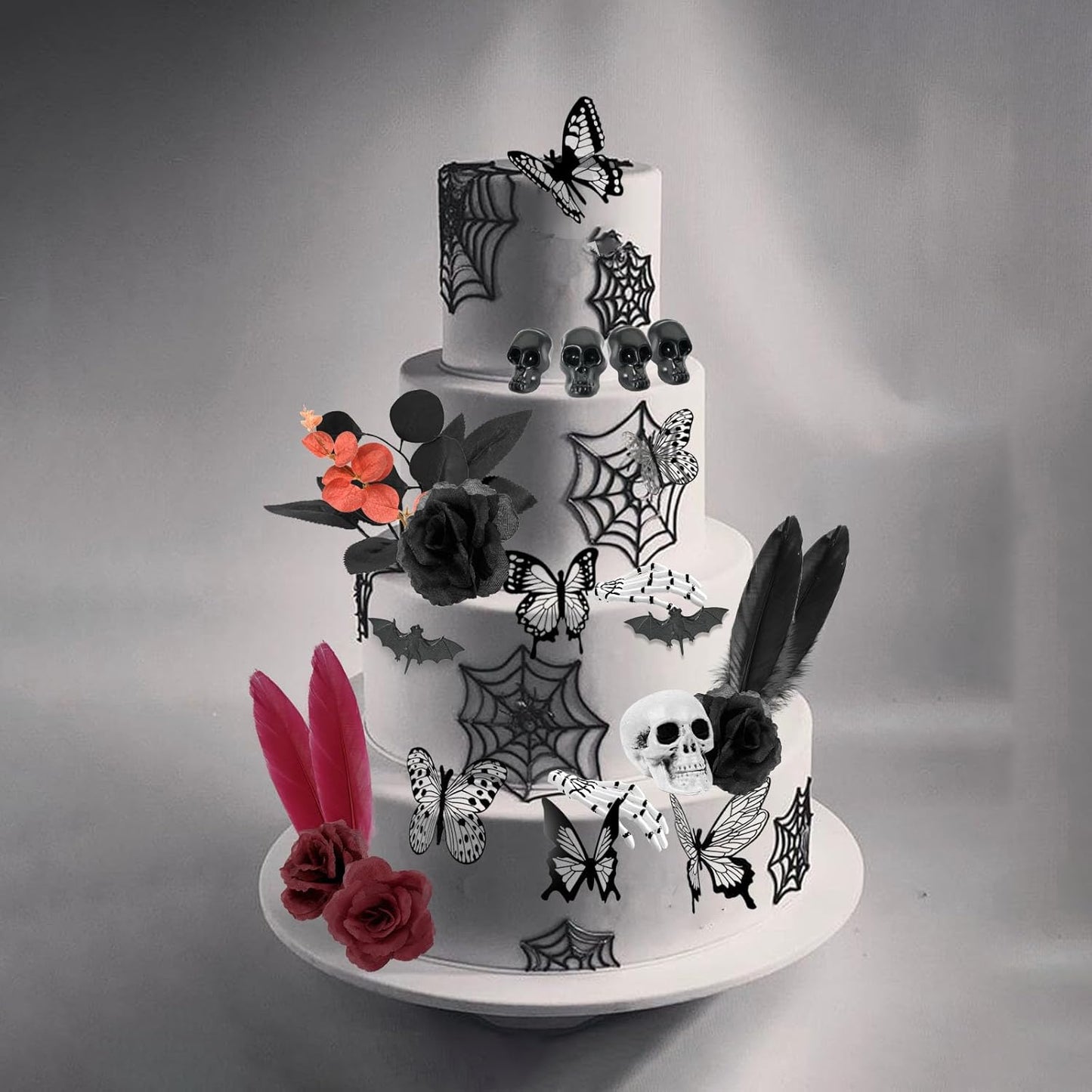 Gothic Cake Decorations - 26PCS Black Cake Toppers with Red Black Rose, Skull, Butterfly Cupcake Toppers for Goth Birthday, Wedding, Halloween