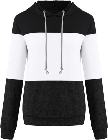 Akklian women's color block hoodie sweatshirt with long sleeves, drawstring hood, cozy pullover for casual comfort.