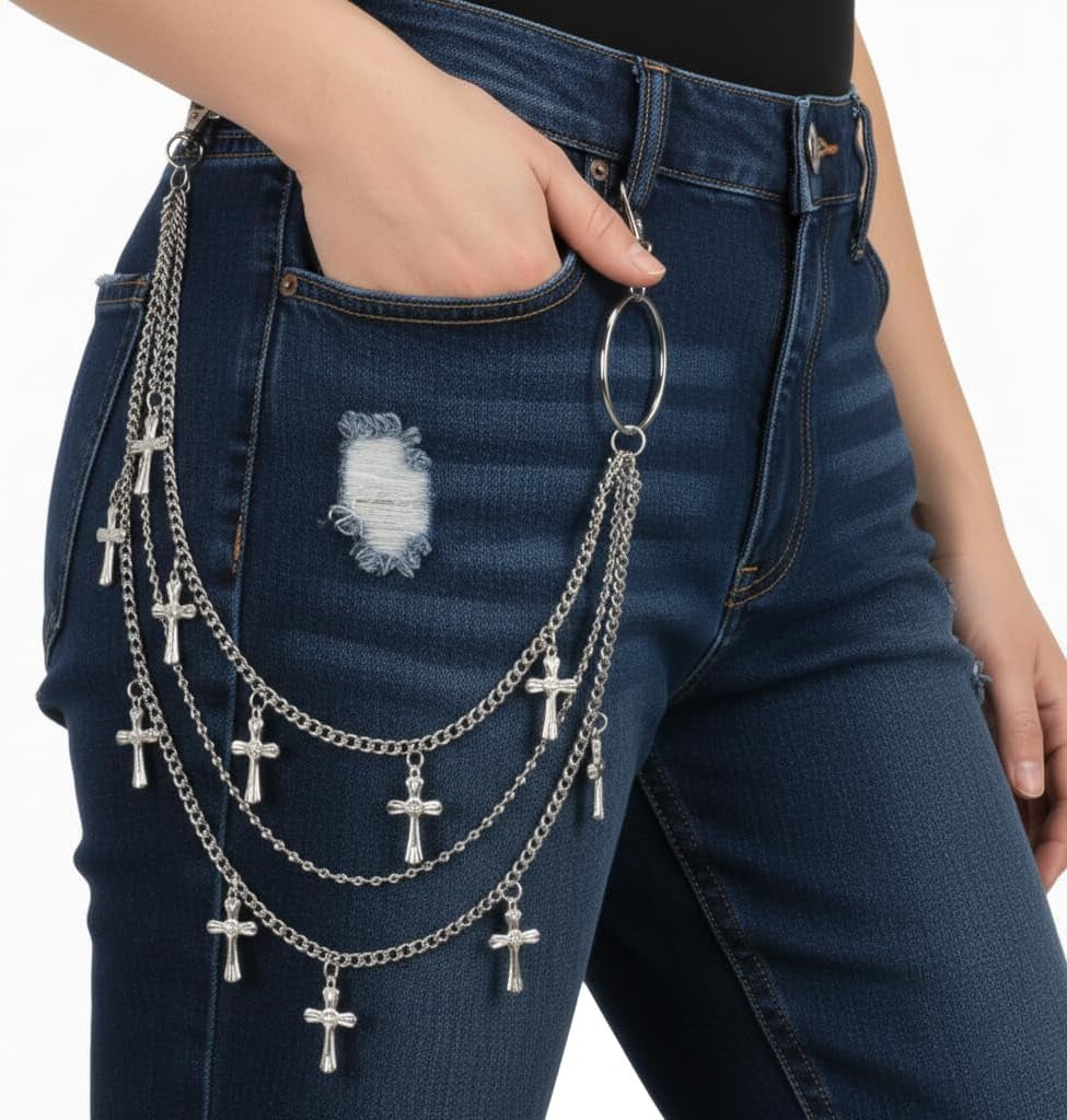 Wallet Chain Pants Chain for Men Women, 3 Layer Punk Jean Chain Metal Gothic Hip Hop Biker Trouser Chain, Unisex Pocket Chain Waist Chain Keychain Fashion Accessories
