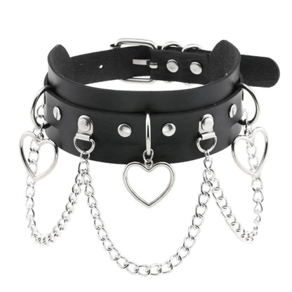 Black PU leather choker with heart rivets, trendy Y2K goth punk necklace for girls, featuring stylish and edgy design.