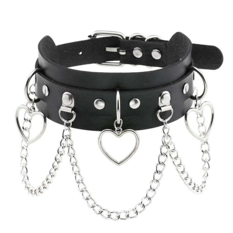 Harajuku Y2K punk choker with heart rivets and chunky black PU leather, stylish goth goth necklace for trendy girls