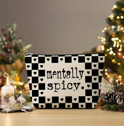 Alternative Makeup Bag, Edgy ‘Mentally Spicy’ Checkered Makeup Bag, Gift for Goth Lovers Women Girls Friend Daughter, Self Expression Graduation Birthday Friendship Gifts 10×7 Inch