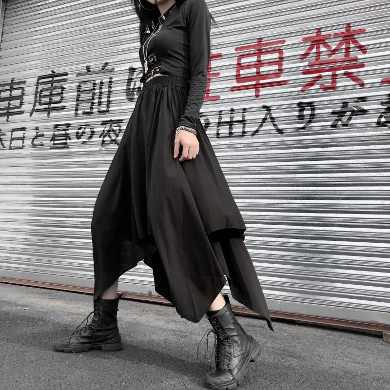 Dark black high waist vintage skirt with irregular hem, gothic punk style, perfect for goth and Harajuku fashion.