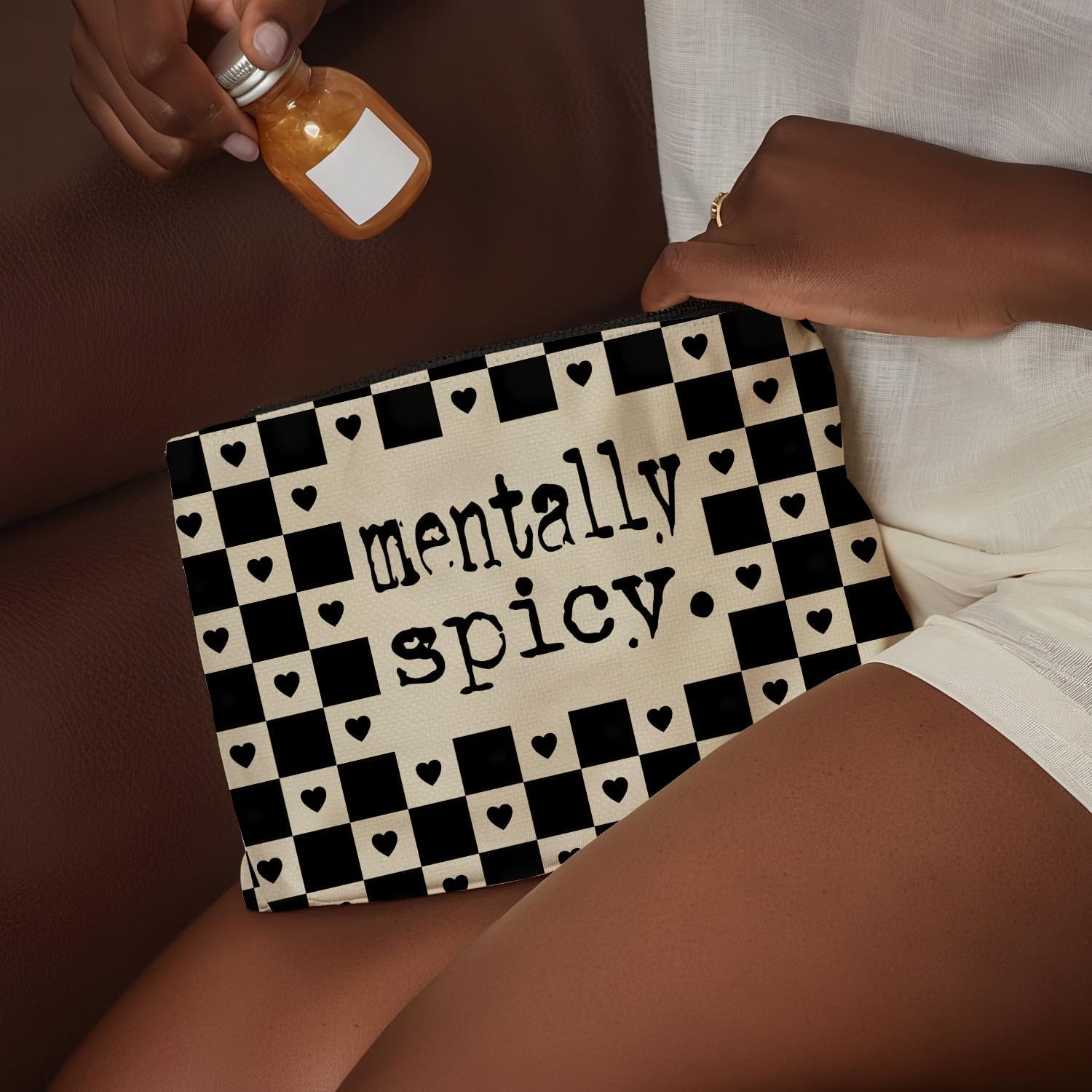 Alternative Makeup Bag, Edgy ‘Mentally Spicy’ Checkered Makeup Bag, Gift for Goth Lovers Women Girls Friend Daughter, Self Expression Graduation Birthday Friendship Gifts 10×7 Inch