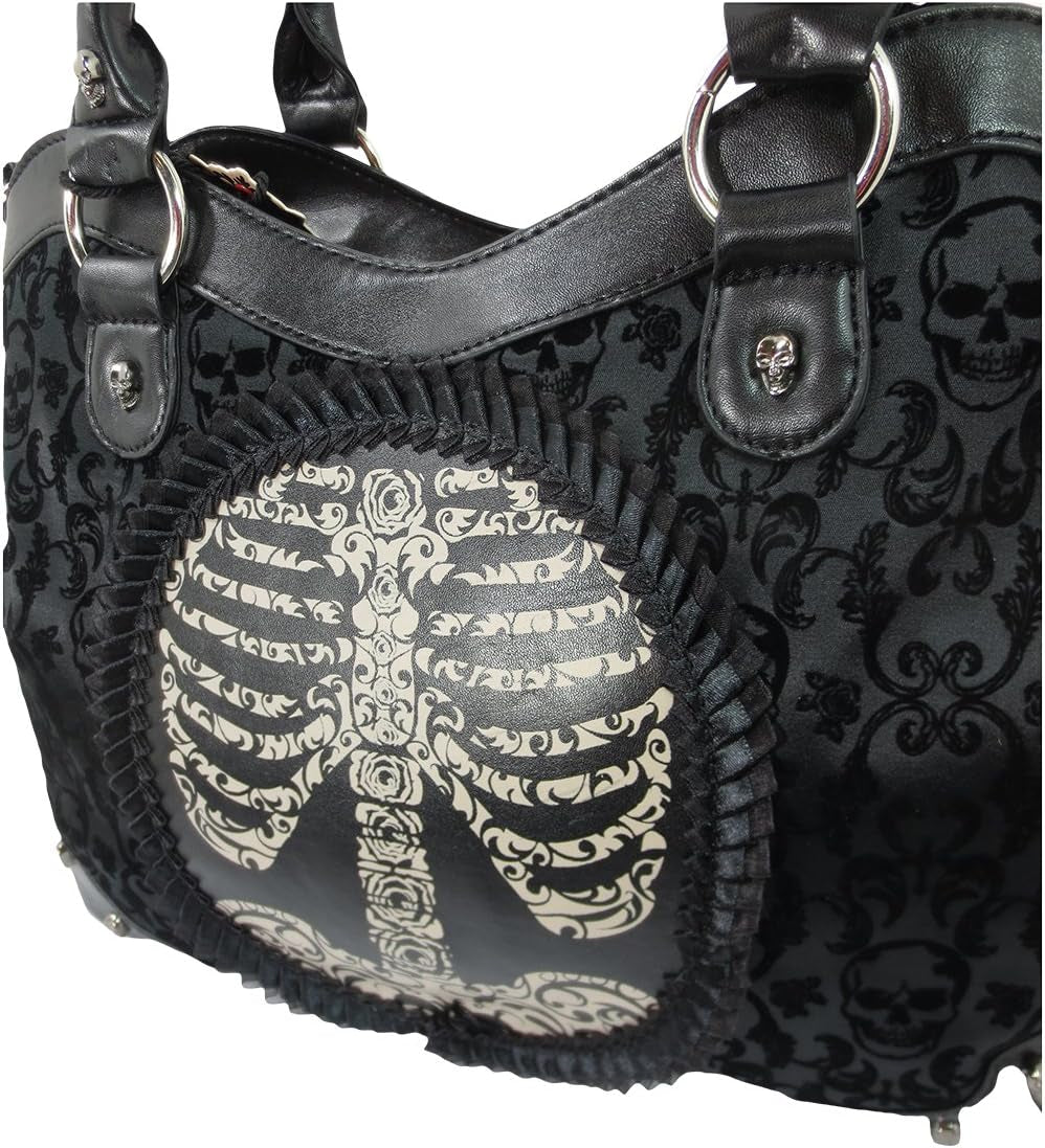 Large black Gothic Steampunk ribcage skeleton cameo handbag and shoulder bag showcasing intricate design and Victorian-inspired details.