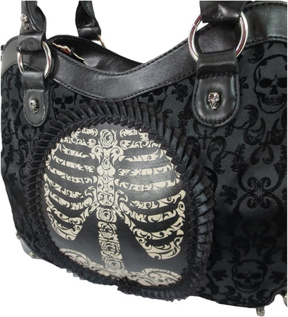 Large black Gothic Steampunk ribcage skeleton cameo handbag and shoulder bag showcasing intricate design and Victorian-inspired details.