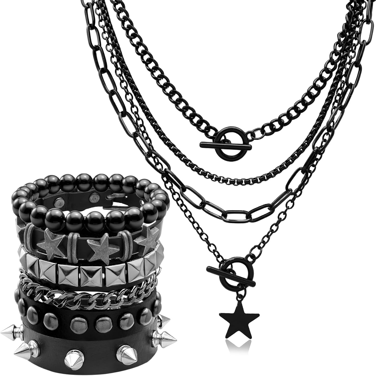 Layered star grunge emo bracelet and necklace set by Fscwlmon featuring gothic punk accessories for Y2K style enthusiasts.