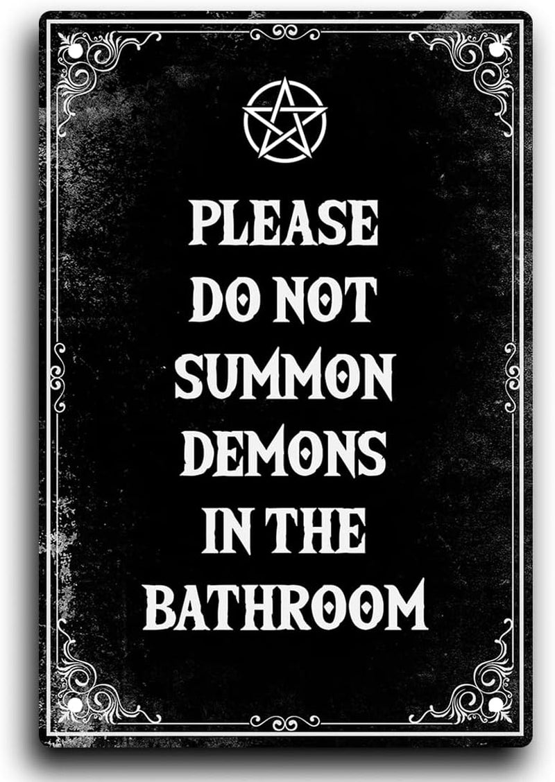IRISIVITA Spooky Metal Sign, Please Do Not Summon Demons in the Bathroom, Gothic Wall Art, Halloween Decorations, Witchy & Goth Room Decor