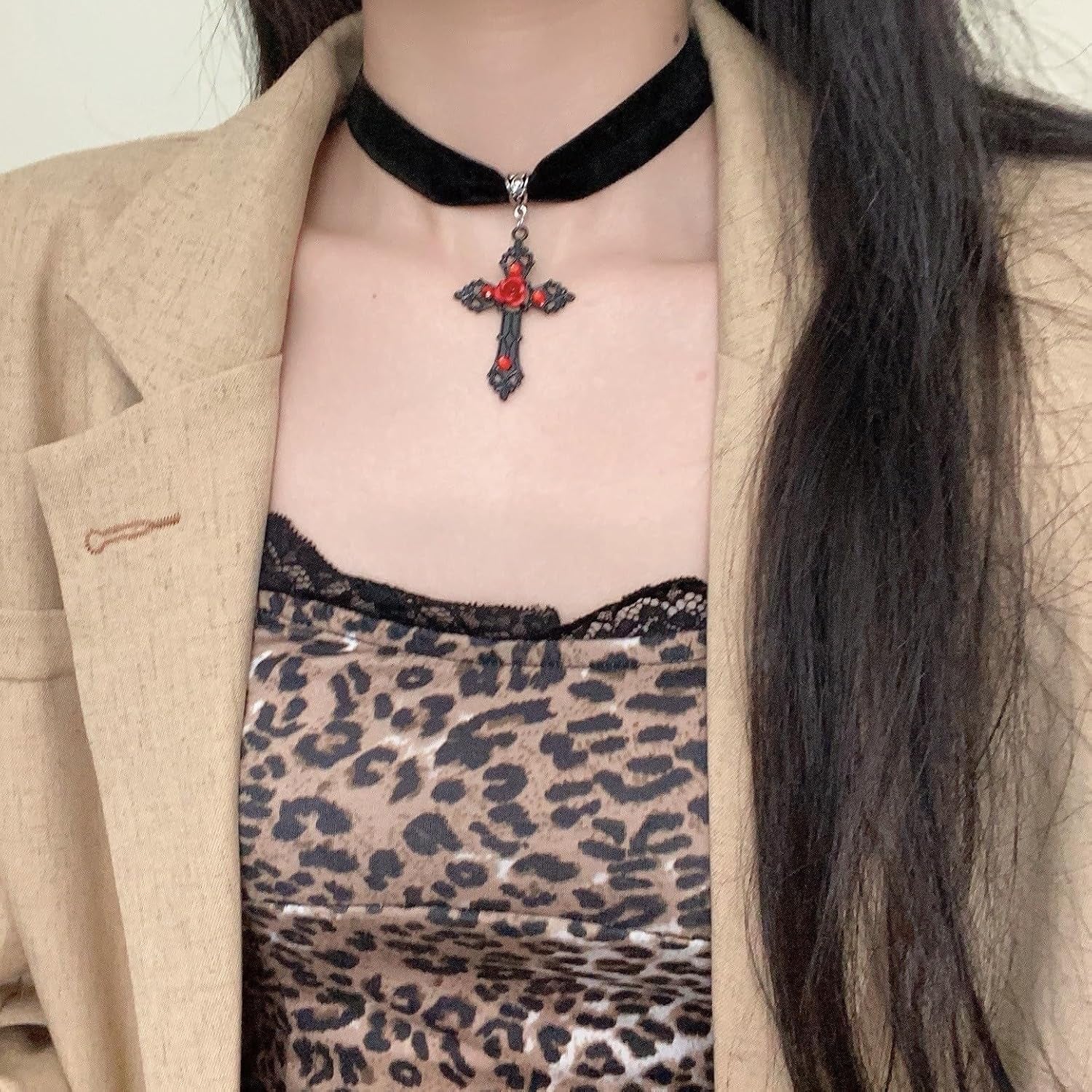Gothic Cross Choker Necklace for Women Goth Emo Grunge Jewelry Accessories Y2K Red Black Halloween Christmas Gift