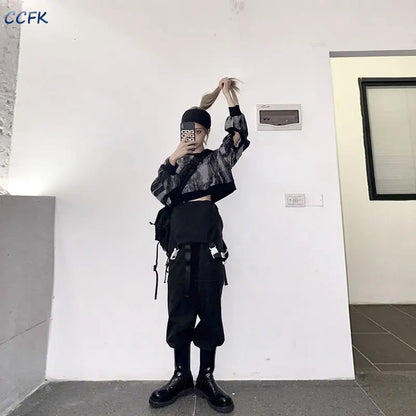 Gothic techwear cargo pants for women featuring high waist design and detachable shorts, streetwear style, in black fabric.