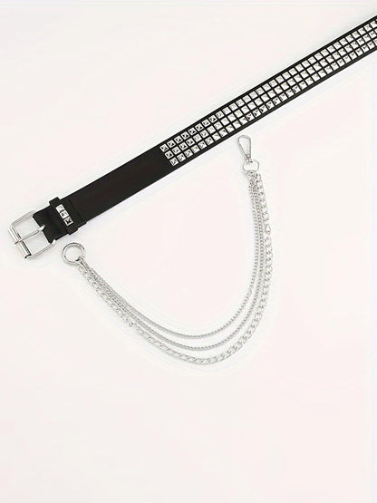 QWALIT punk chain belt for women, black leather rave accessory with metal chain detail, ideal for goth fashion outfits