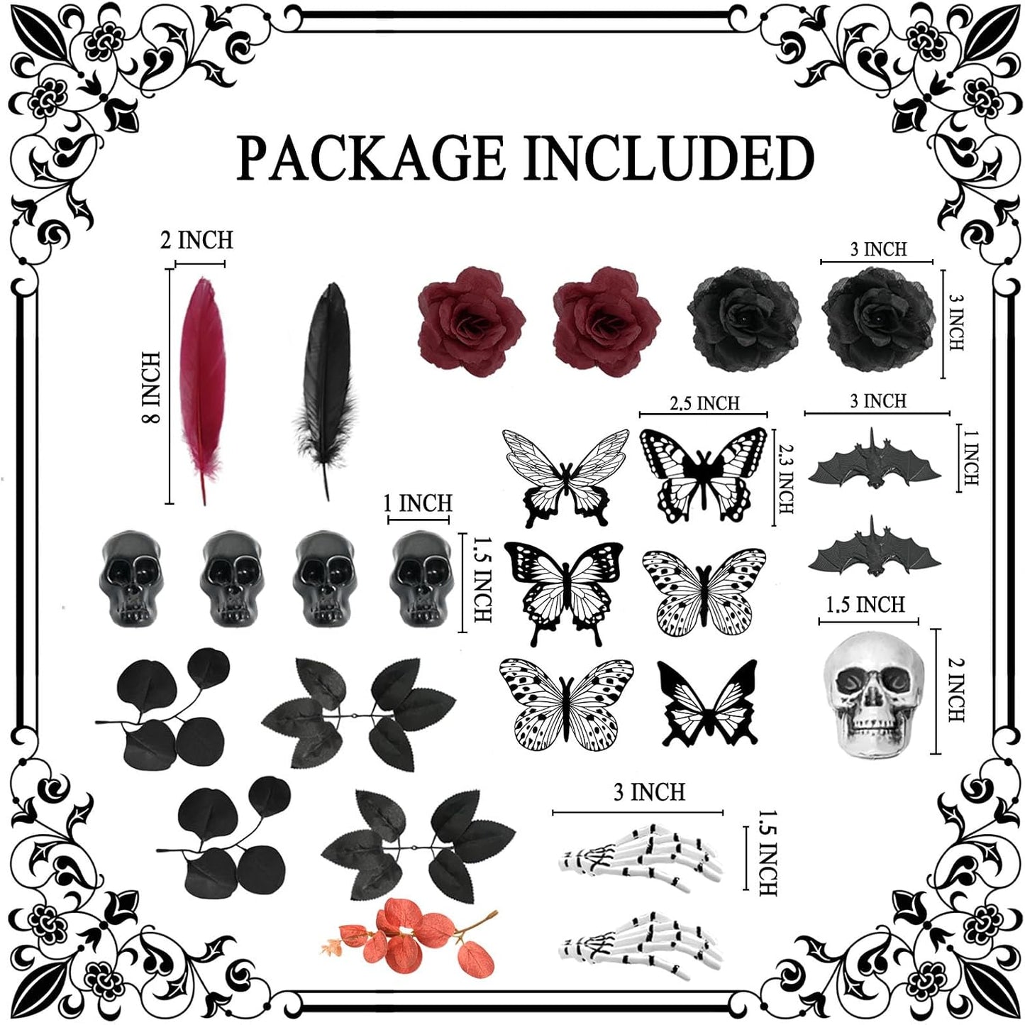 Gothic Cake Decorations - 26PCS Black Cake Toppers with Red Black Rose, Skull, Butterfly Cupcake Toppers for Goth Birthday, Wedding, Halloween