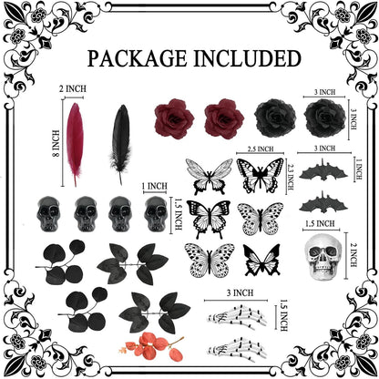 Gothic Cake Decorations - 26PCS Black Cake Toppers with Red Black Rose, Skull, Butterfly Cupcake Toppers for Goth Birthday, Wedding, Halloween