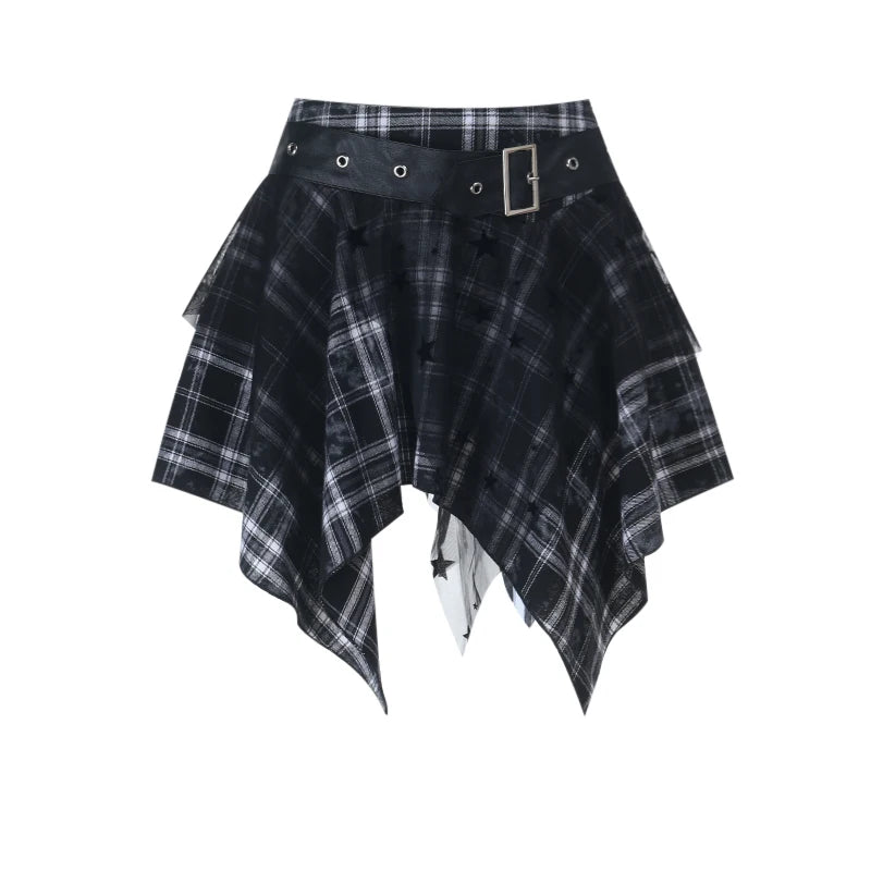 Y2K goth plaid pleated mini skirt for women, high-waisted summer streetwear, Kawaii Harajuku aesthetic, stylish and trendy.