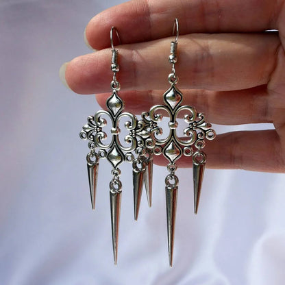 Hypoallergenic drop dangle earrings with gothic punk Y2K style for women, featuring dark metallic design and edgy details.