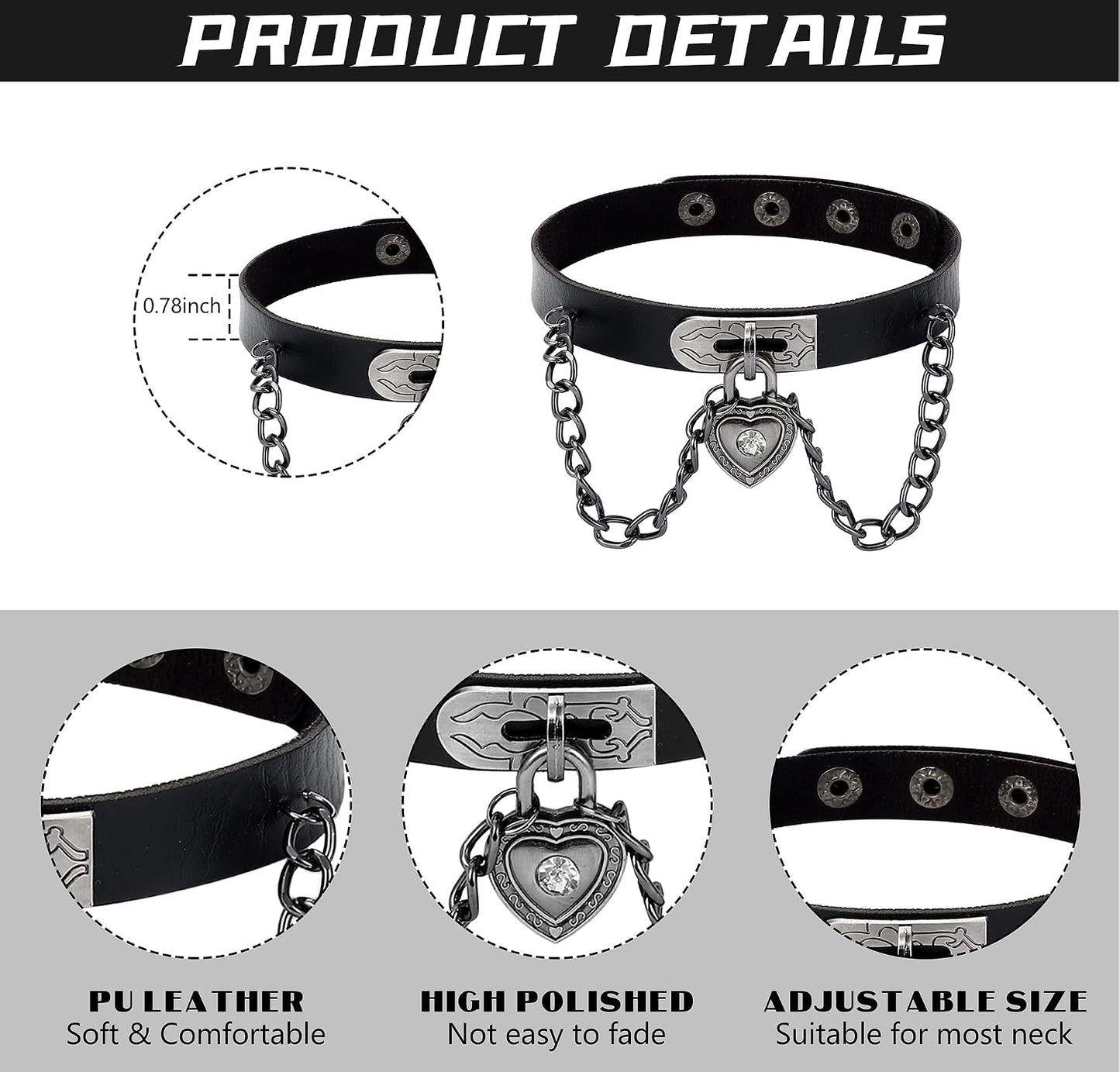 HAIAISO edgy punk goth choker necklace set with heart spikes, adjustable black PU collars for bold women, 6-9 piece jewelry set
