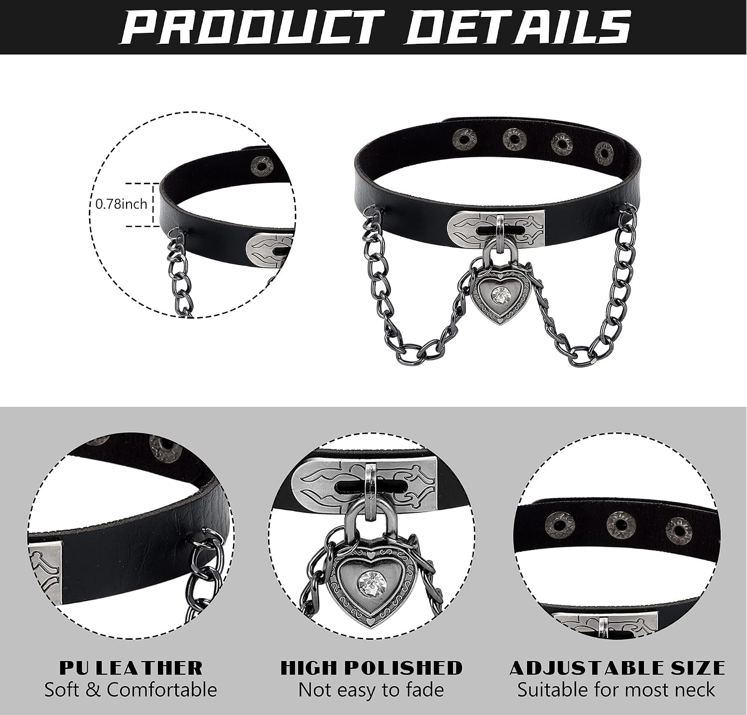 HAIAISO edgy punk goth choker necklace set with heart spikes, adjustable black PU collars for bold women, 6-9 piece jewelry set