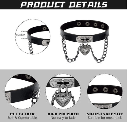 HAIAISO edgy punk goth choker necklace set with heart spikes, adjustable black PU collars for bold women, 6-9 piece jewelry set