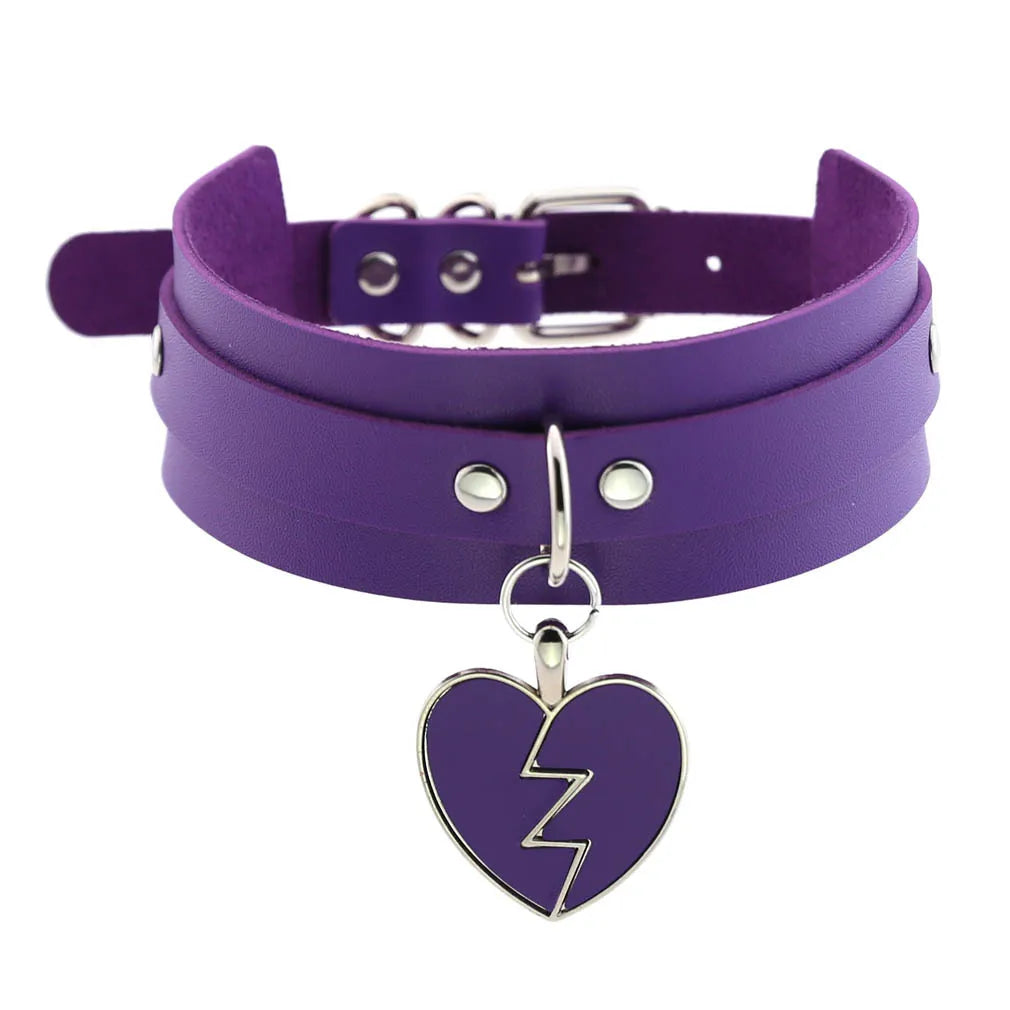 Purple goth punk leather choker necklace with black rivets and metal chain, unisex Edgy Emo Harajuku style for Halloween and Y2K cosplay.